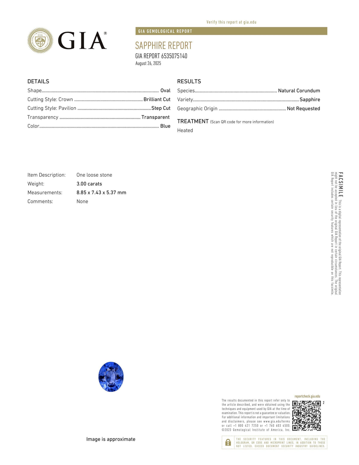 3.00 ct Blue Oval Ceylon Sapphire Heated Gem