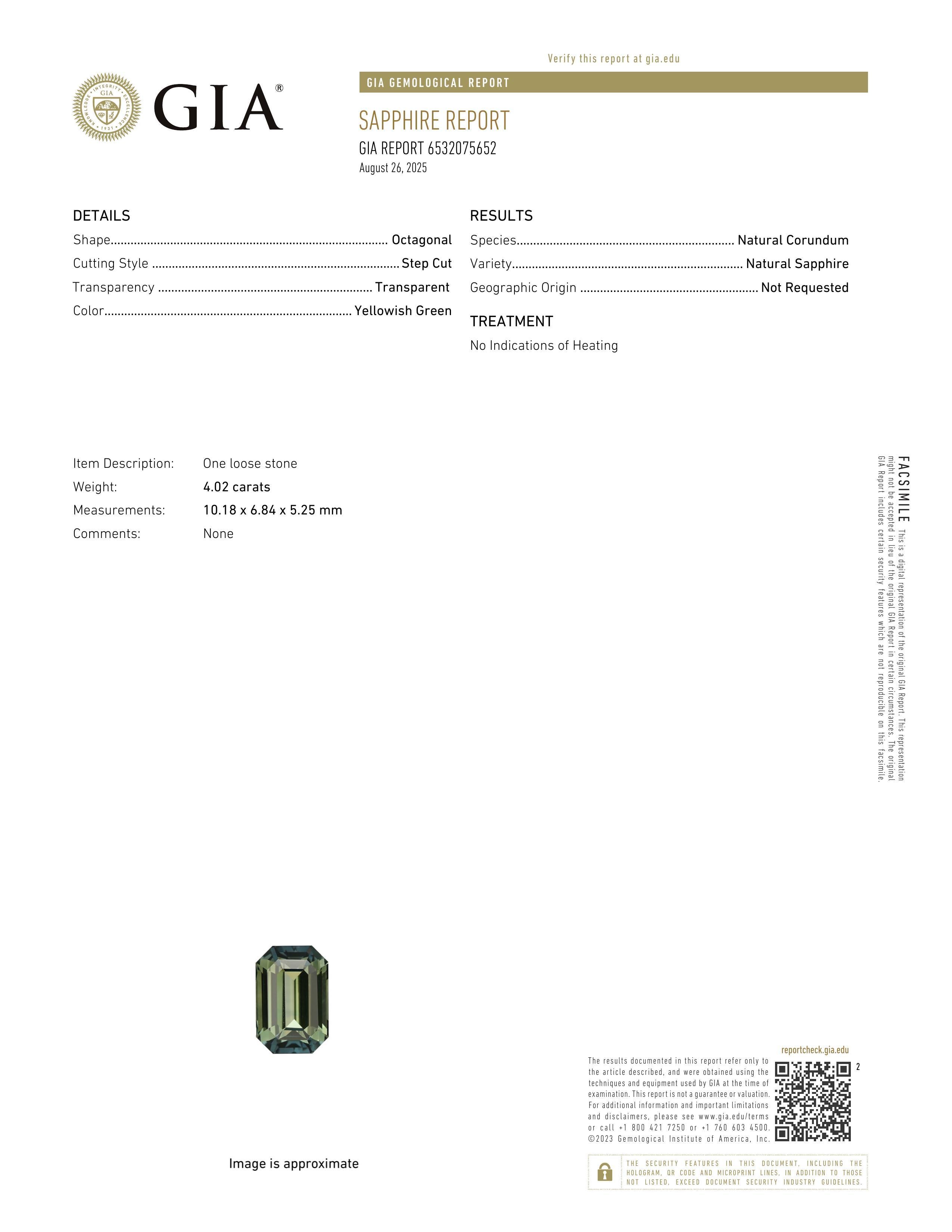 4.02 ct Olive Green Emerald Cut Madagascar Sapphire Unheated GIA Gem
