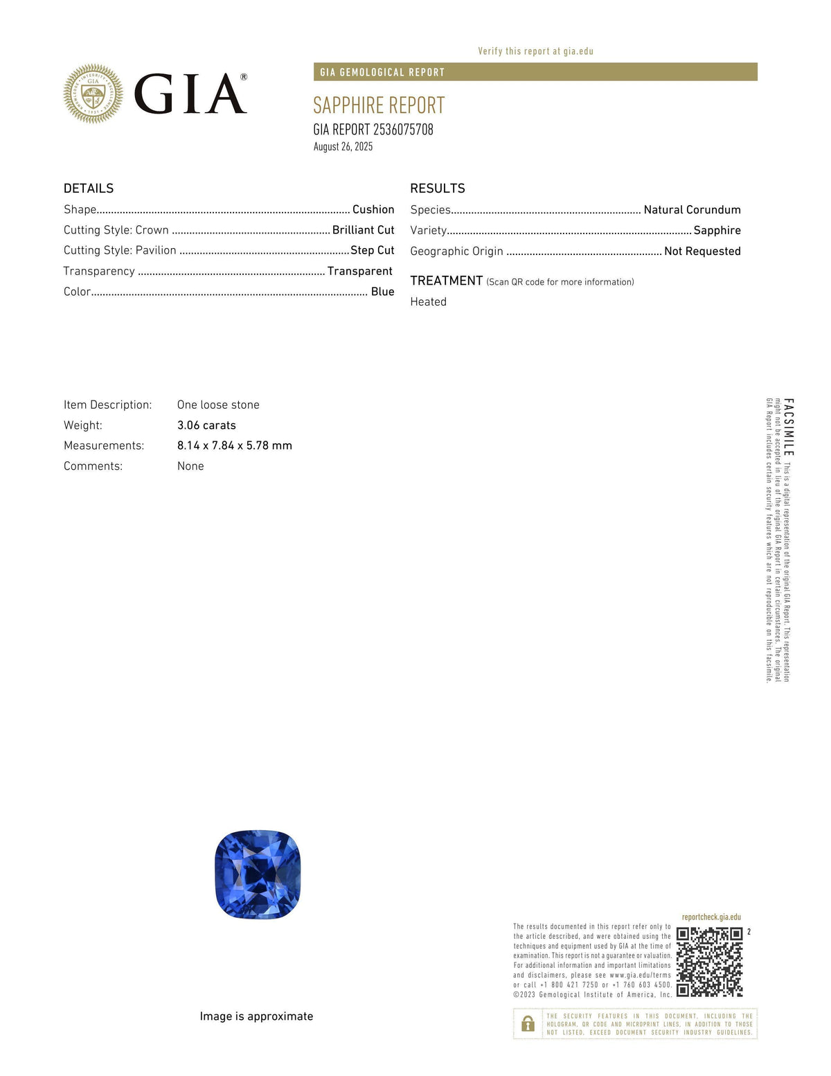 3.06 ct Royal Blue Cushion Ceylon Sapphire Heated Gem