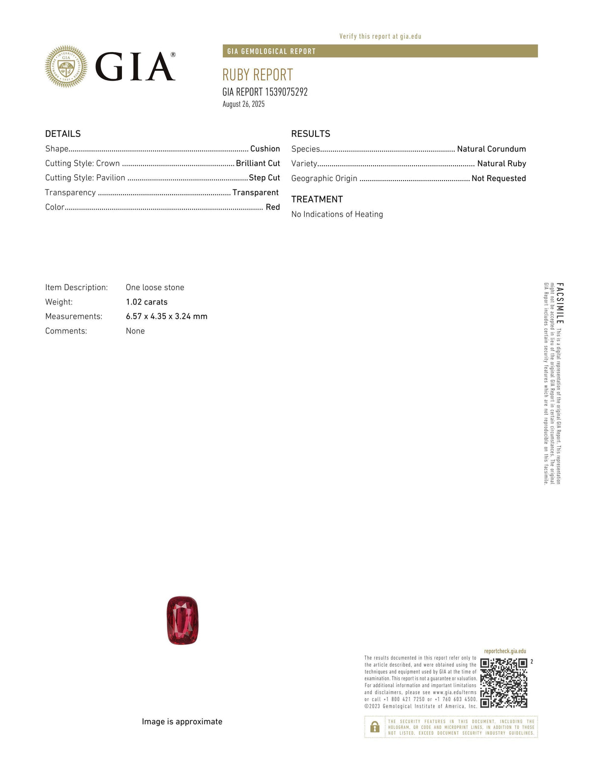 1.02 ct Red Cushion Madagascar Ruby GIA Unheated Gem
