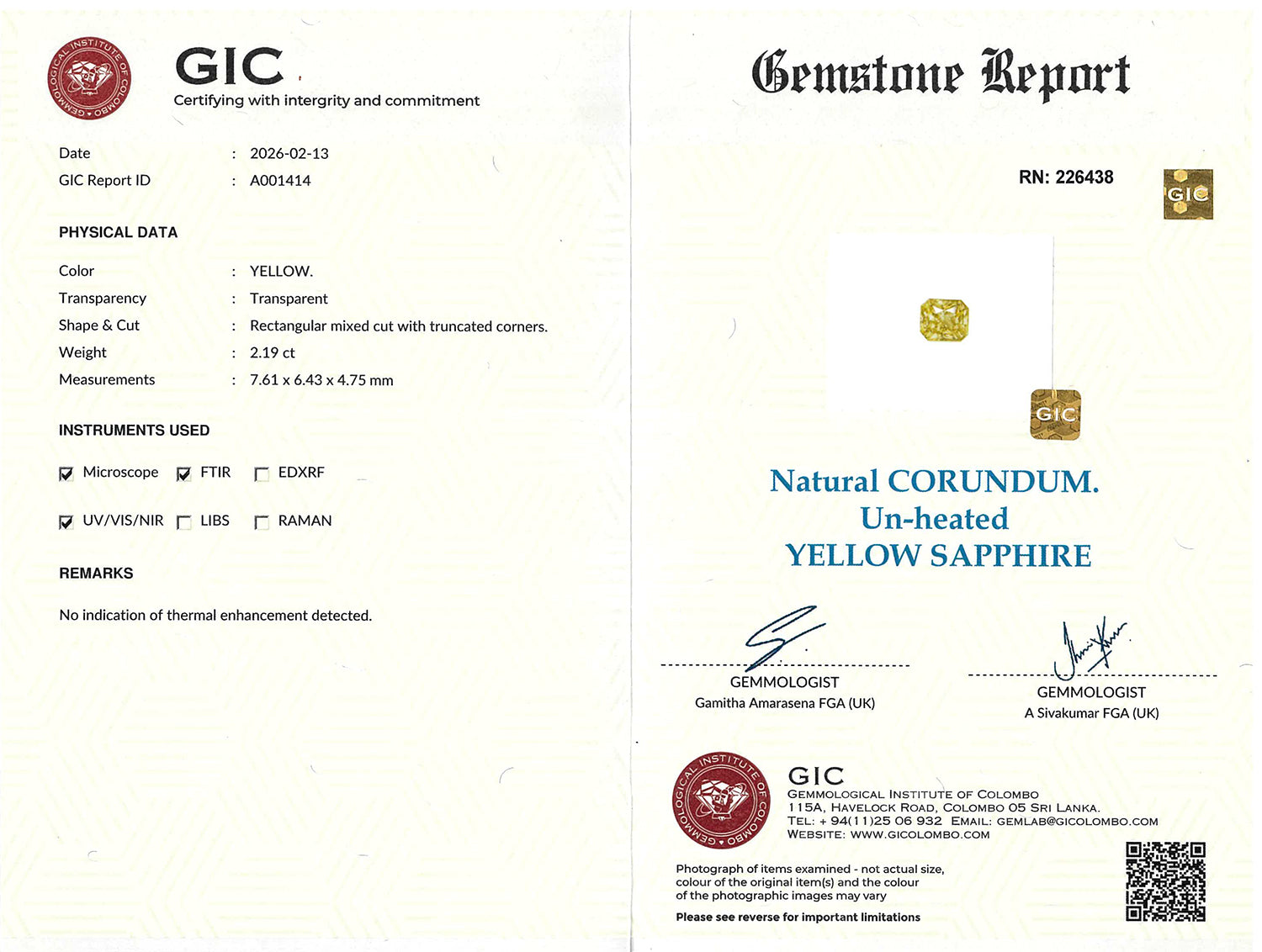 2.19 ct Yellow Radiant Cut Ceylon Sapphire Unheated Gemstone