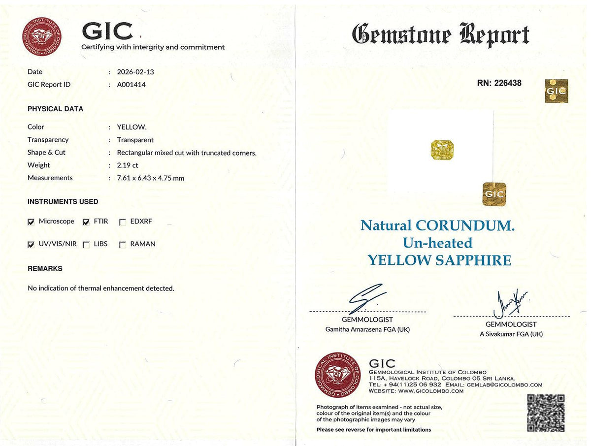 2.19 ct Yellow Radiant Cut Ceylon Sapphire Unheated Gemstone