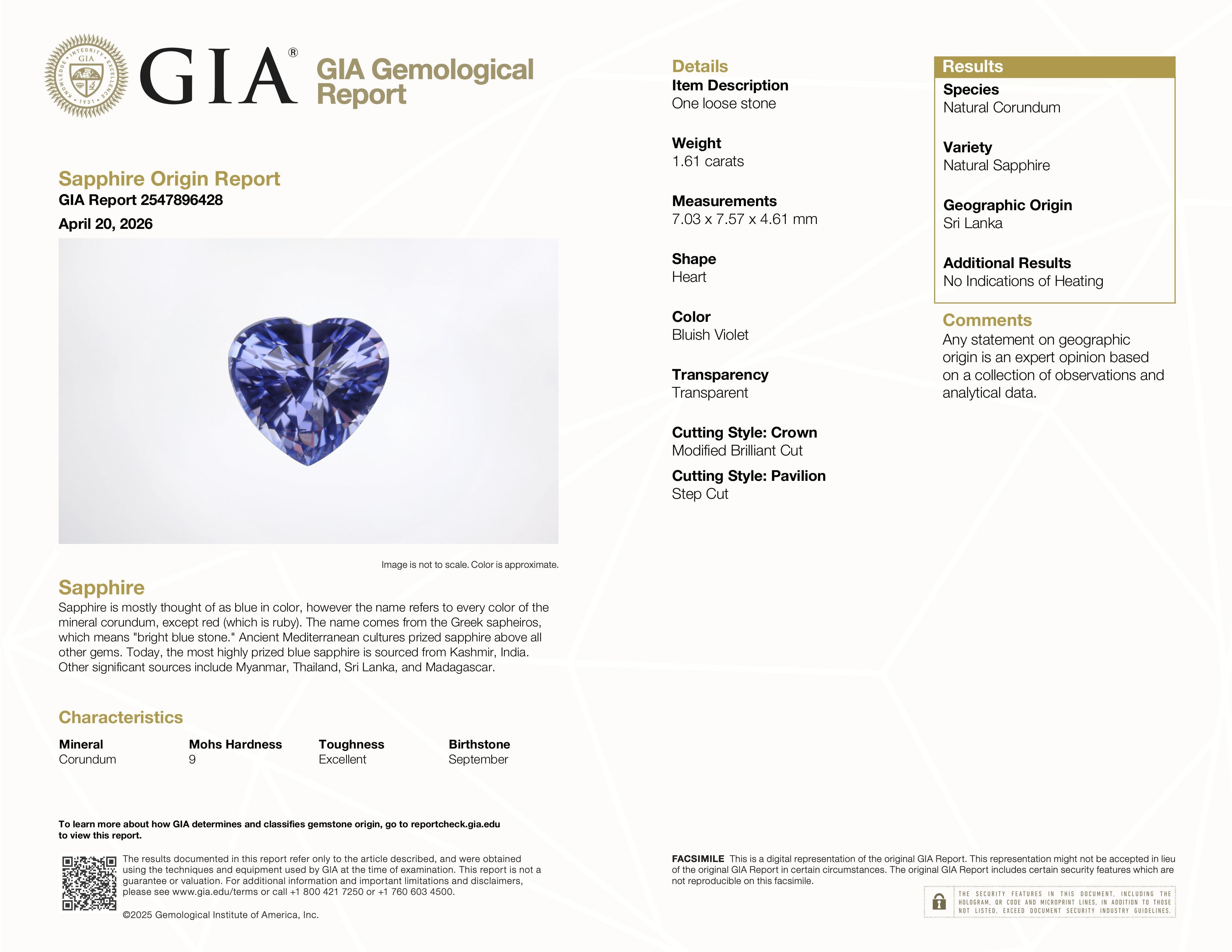1.61 ct Bluish Violet Heart Ceylon Sapphire Unheated Gem