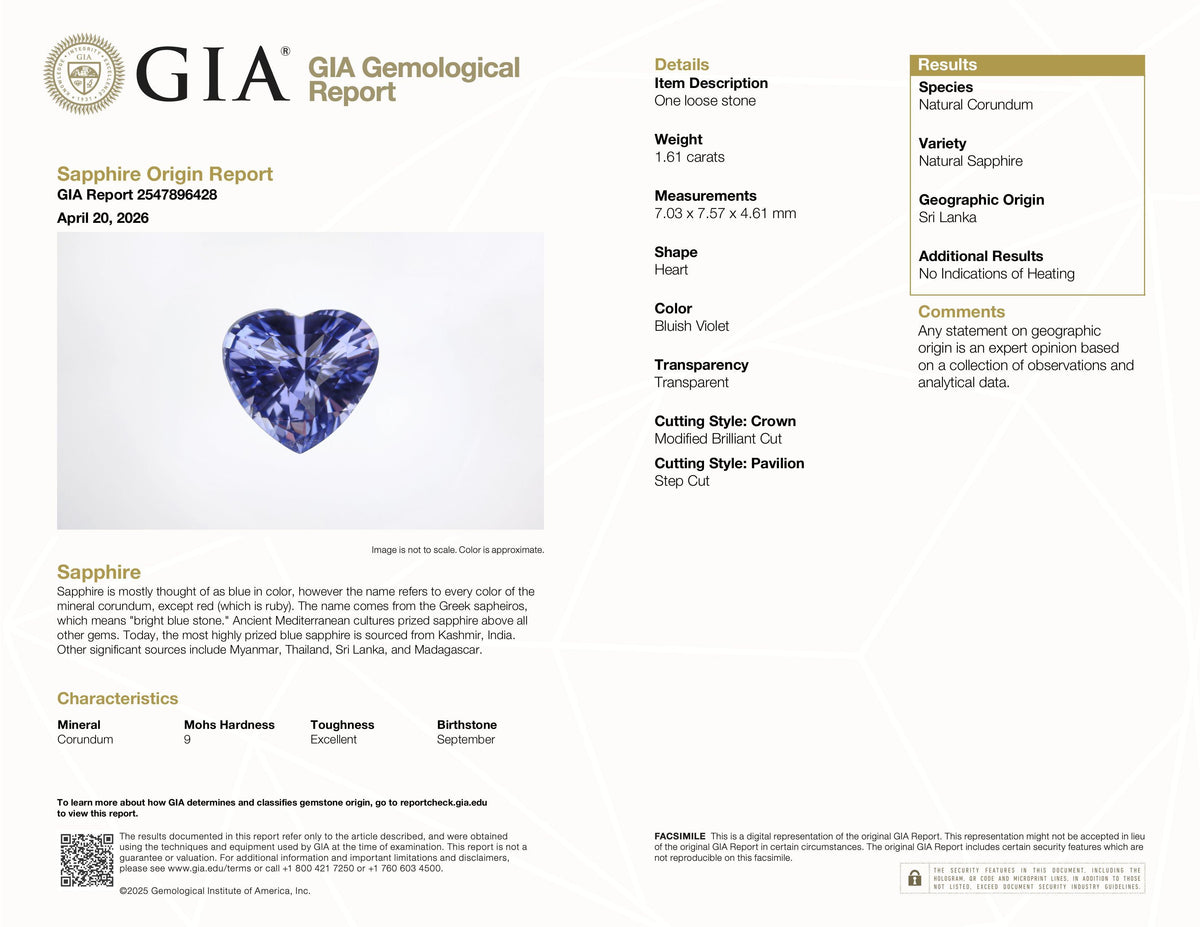 1.61 ct Bluish Violet Heart Ceylon Sapphire Unheated Gem
