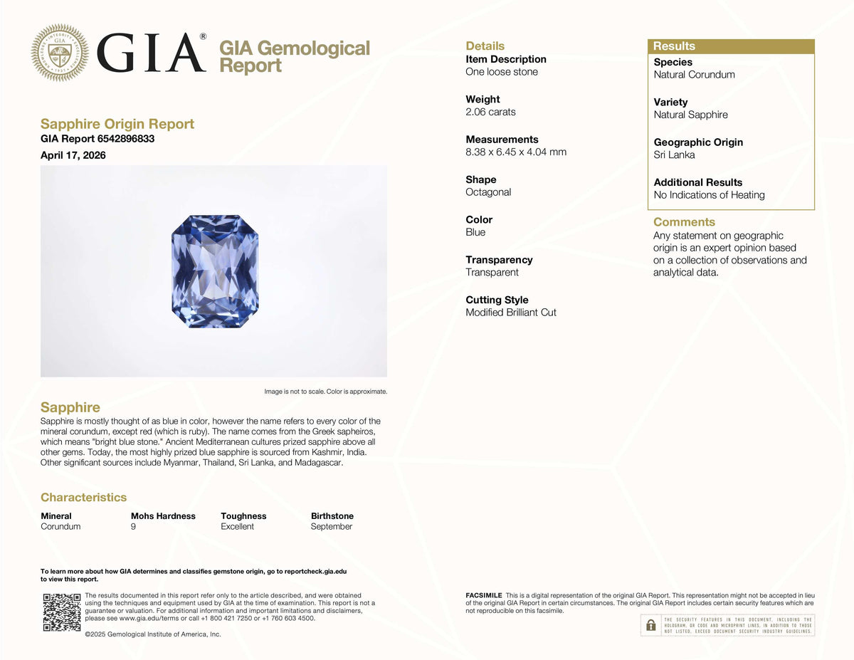 2.06 ct Cornflower Blue Radiant Cut Ceylon Sapphire Unheated Gem