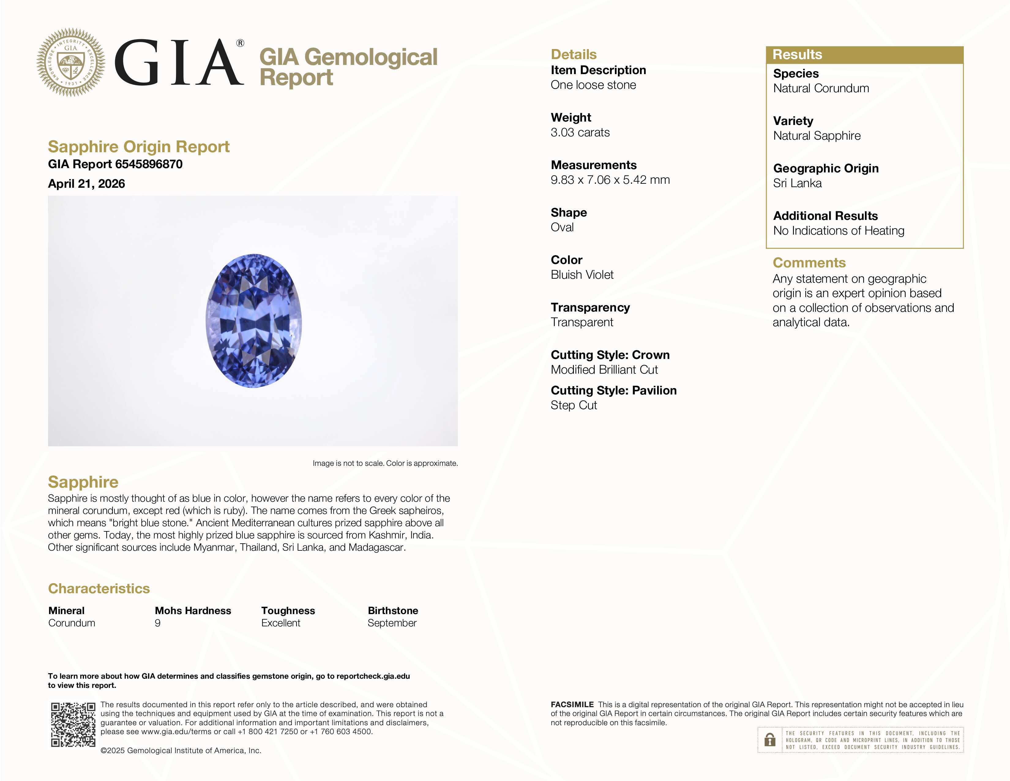 3.03 ct Bluish Violet Oval Sri Lankan Sapphire Unheated Gemstone