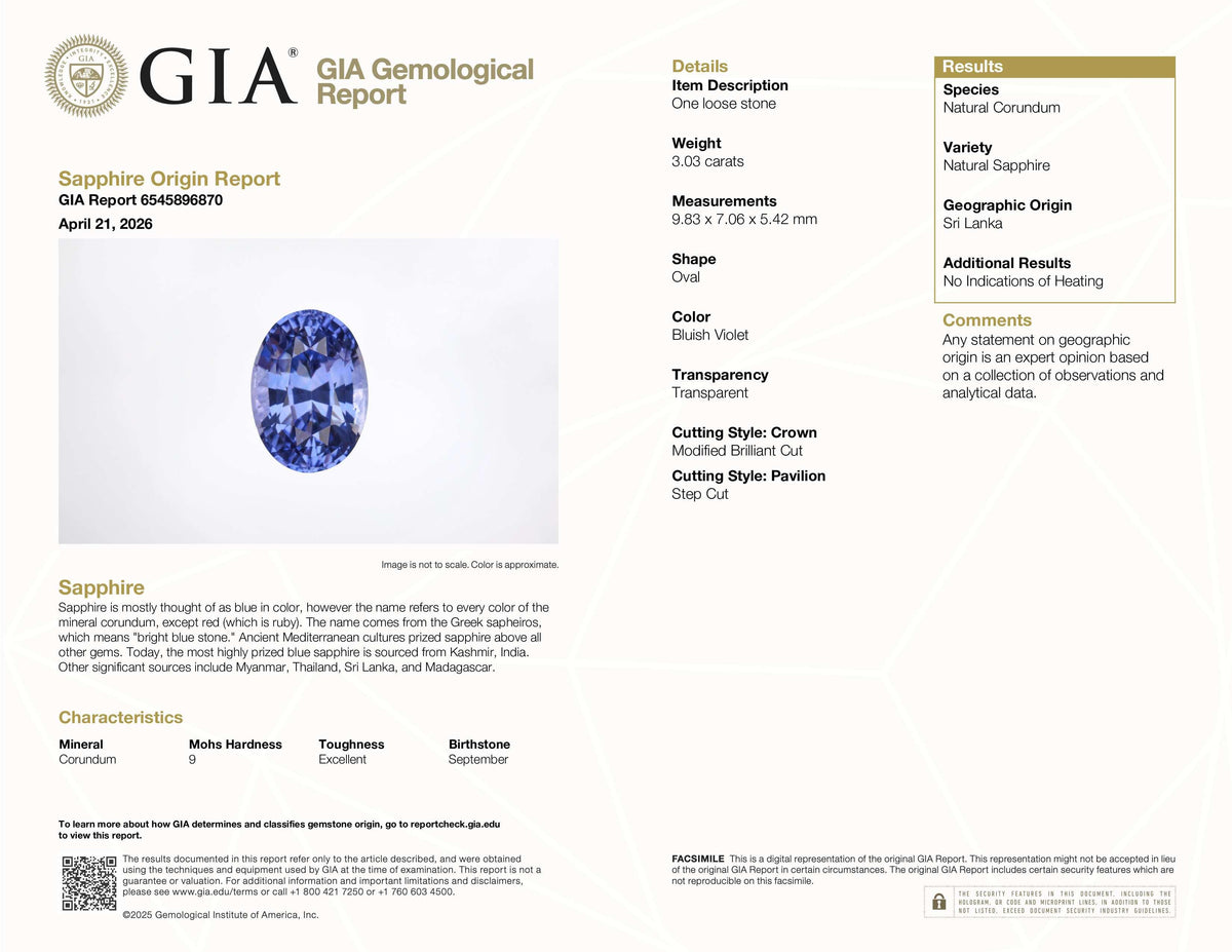 3.03 ct Bluish Violet Oval Sri Lankan Sapphire Unheated Gemstone