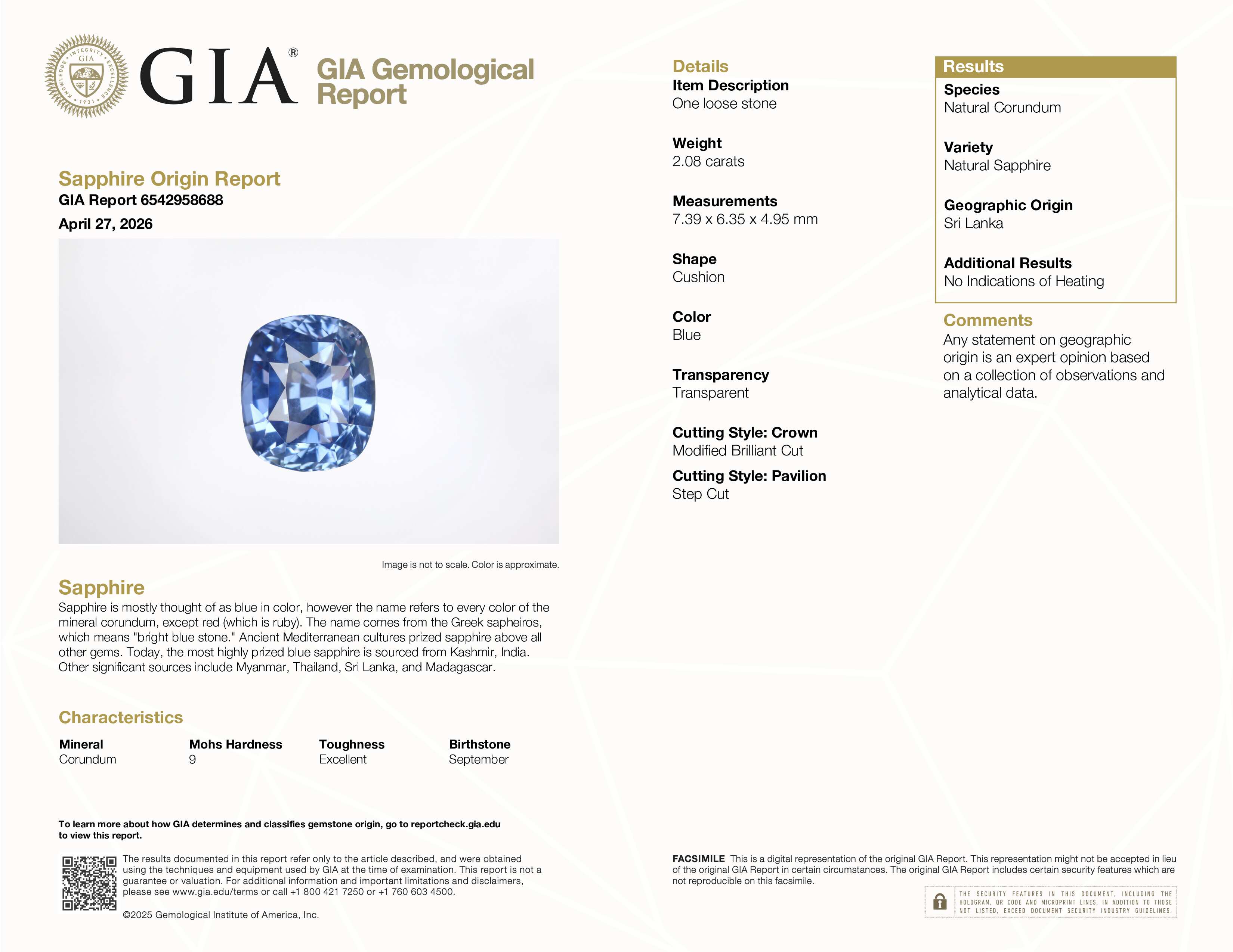 2.08 ct Cornflower Blue Cushion Sapphire Ceylon GIA Unheated Gem