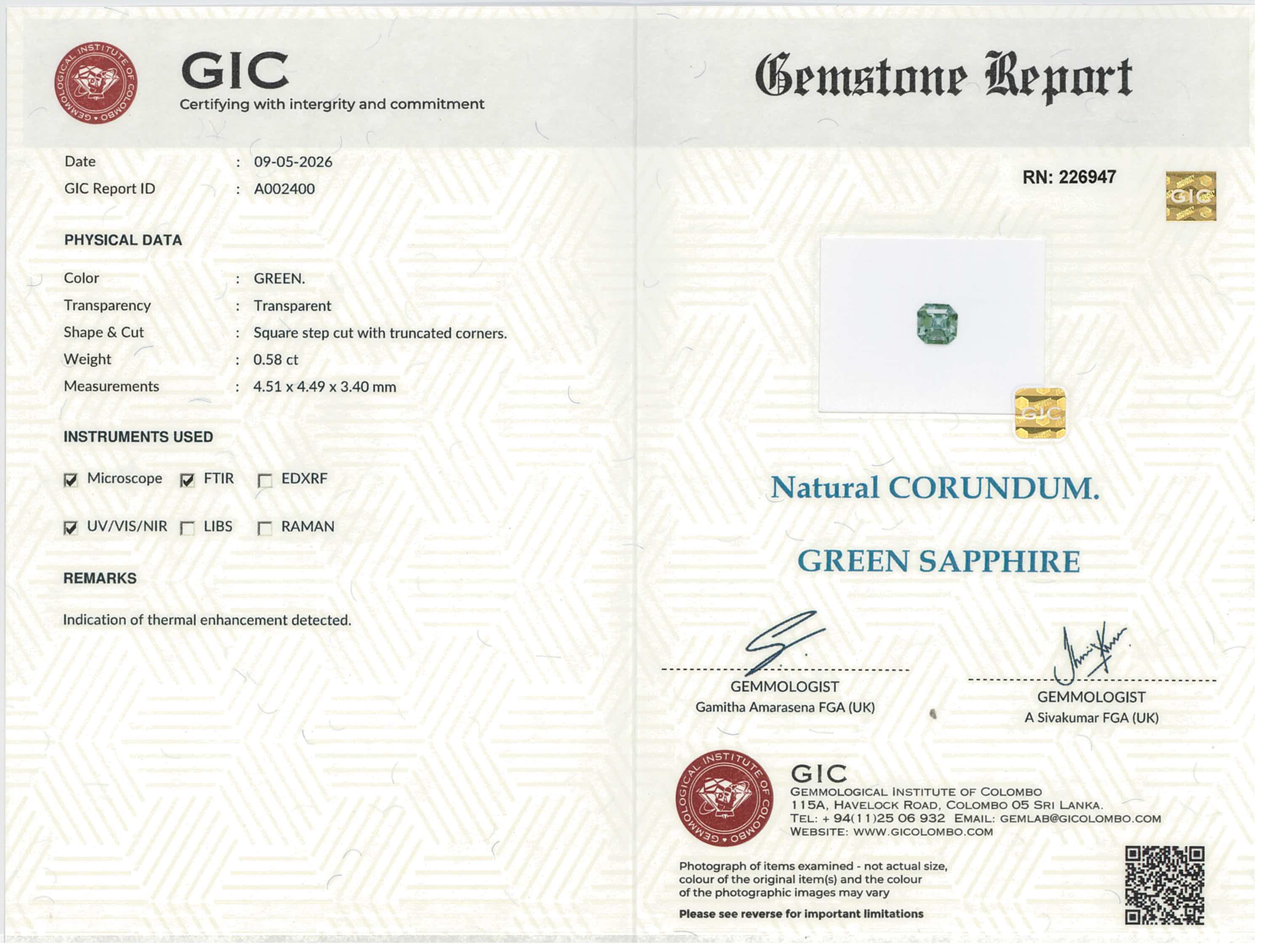 0.58 ct Emerald Cut Green Sapphire Heated Gemstone