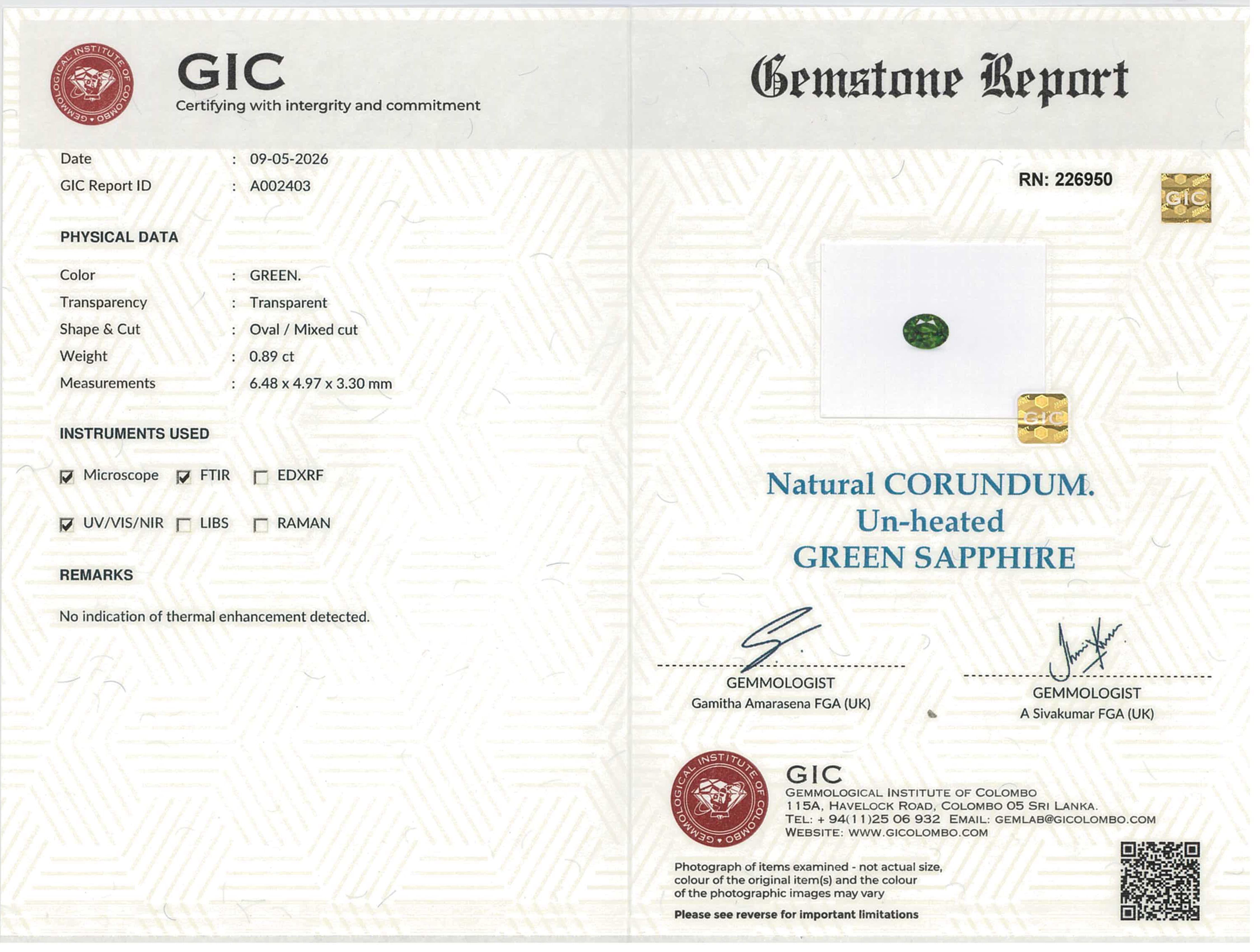 0.89 ct Oval Cut Green Sapphire Unheated Gemstone