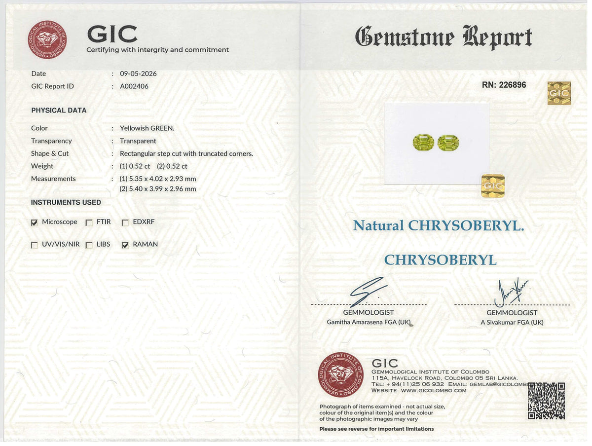 1.04 ctw Oval Cut Yellowish Green Chrysoberyl Pair Gemstones