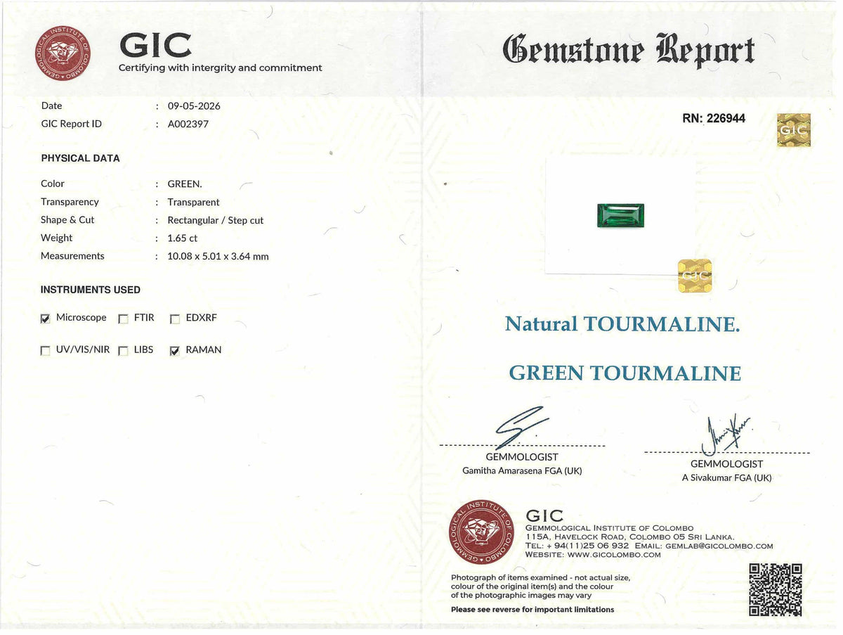 1.65 ct Baguette Cut Green Tourmaline Gemstone