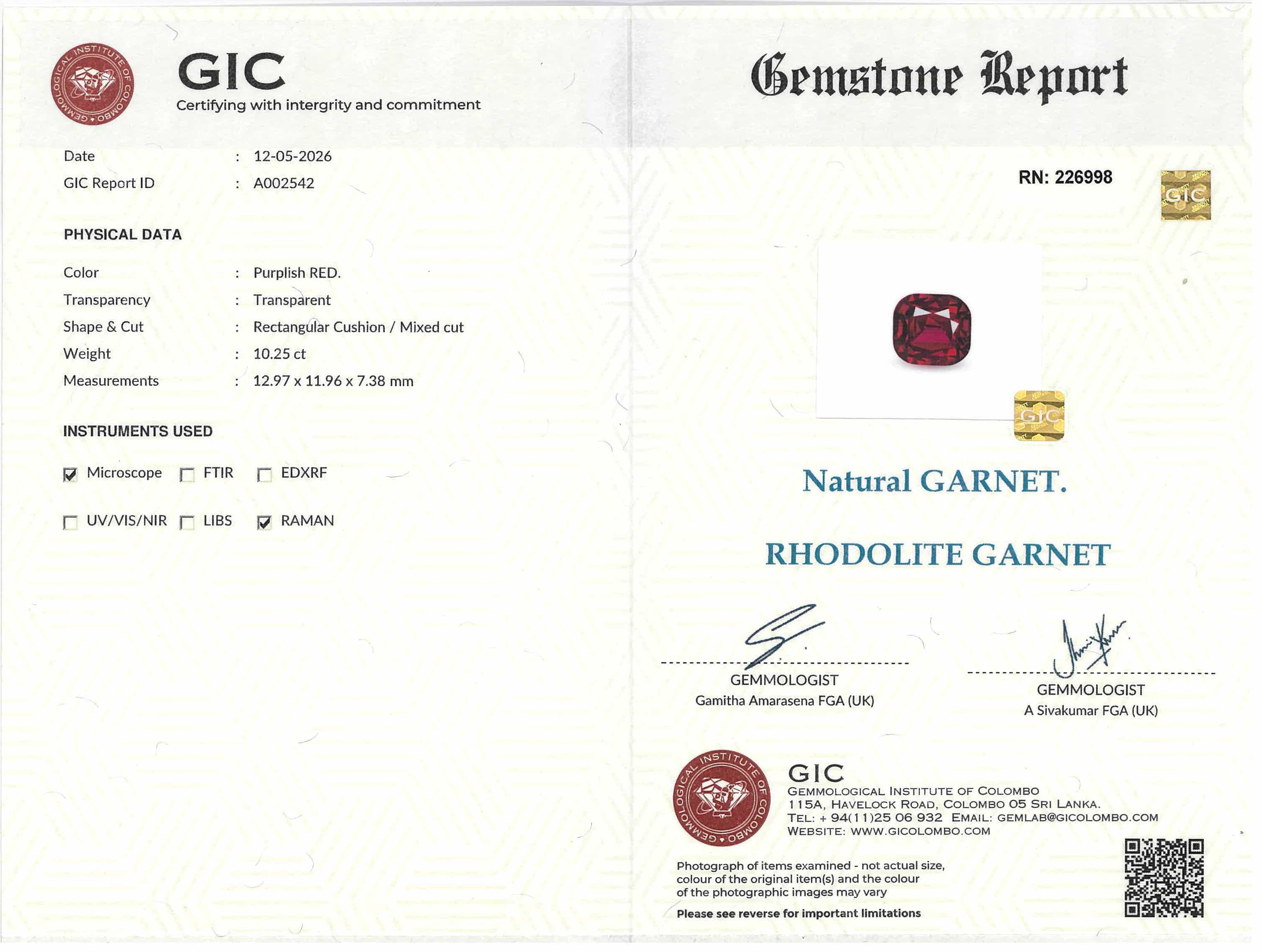 10.25 ct Large Cushion Cut Rhodolite Garnet Gemstone