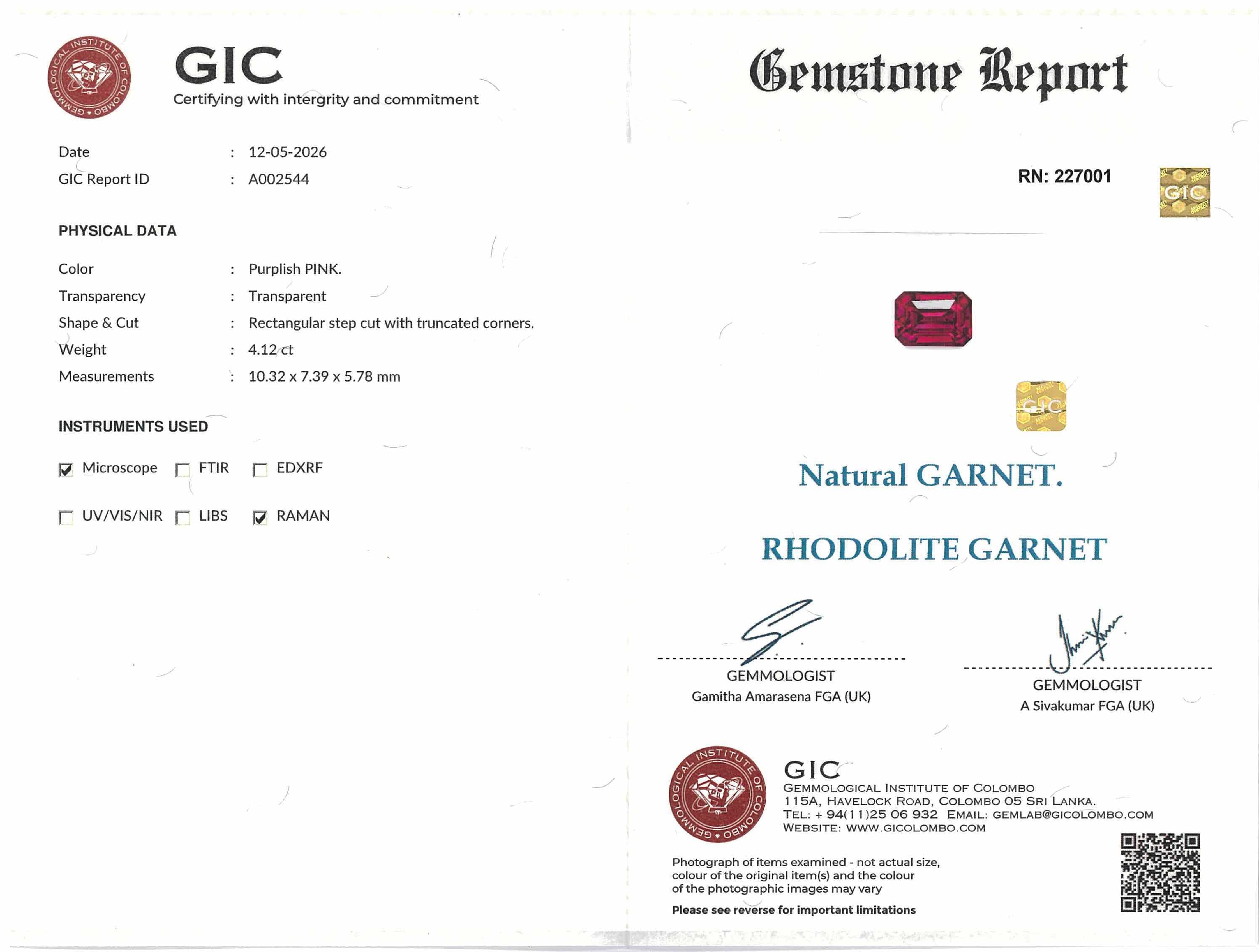 4.12 ct Emerald Cut Rhodolite Garnet Purplish Pink Gemstone