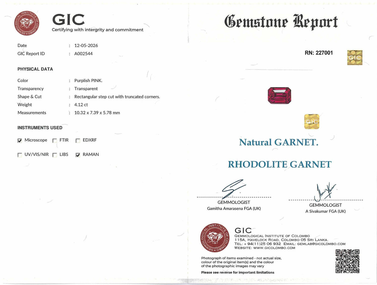 4.12 ct Emerald Cut Rhodolite Garnet Purplish Pink Gemstone