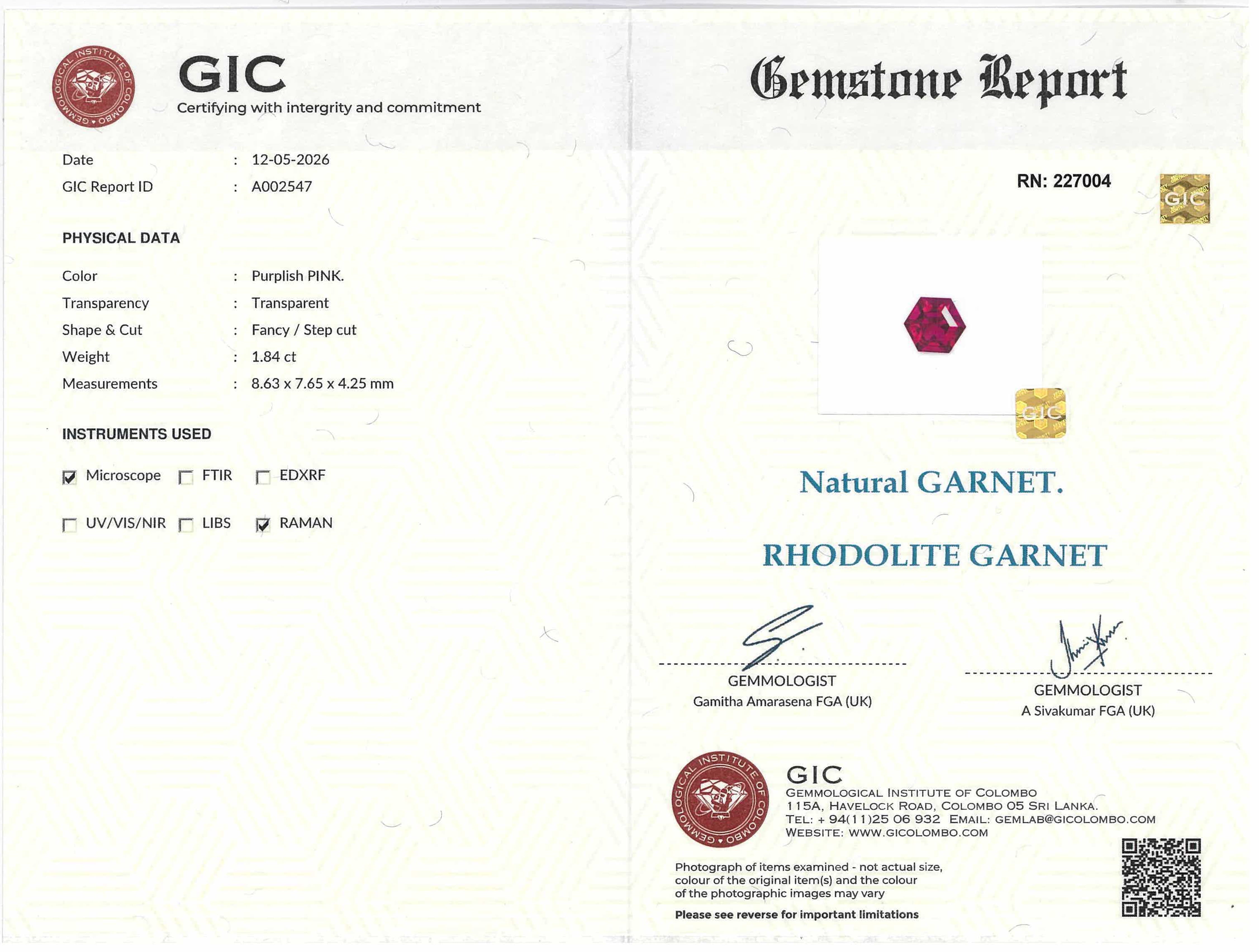 1.84 ct Hexagon Cut Rhodolite Garnet Purplish Pink Gem
