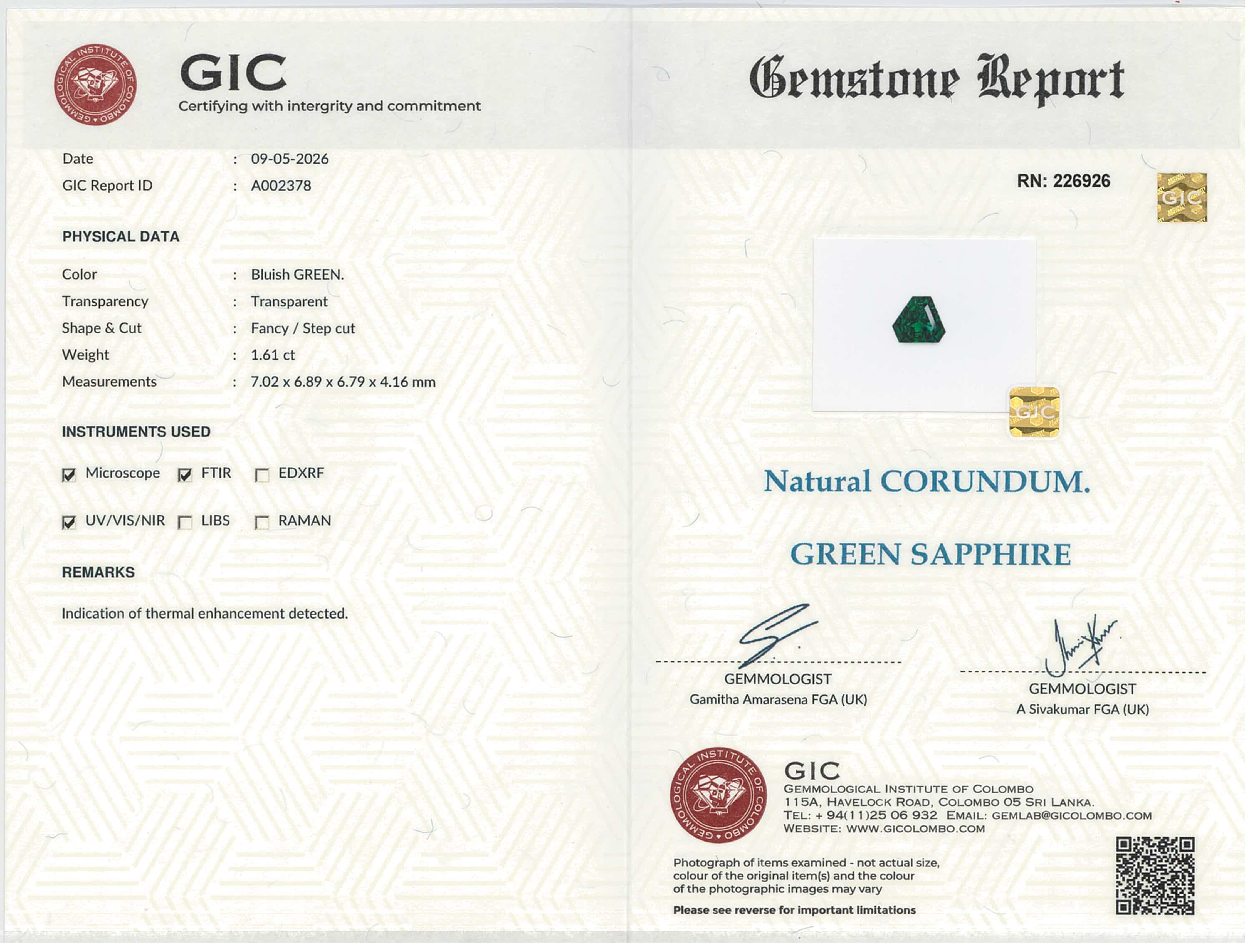 1.61 ct Fancy Cut Green Sapphire Ceylon Heated Gemstone