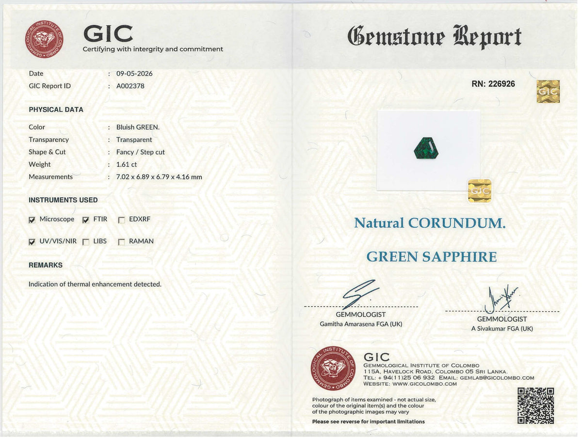 1.61 ct Fancy Cut Green Sapphire Ceylon Heated Gemstone
