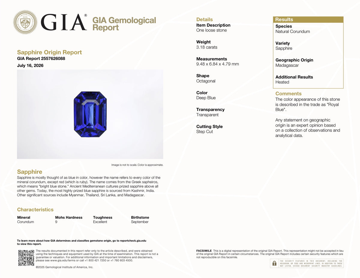 3.18 ct Deep Blue - Royal Blue Sapphire GIA Certified Heated Emerald Cut Gem