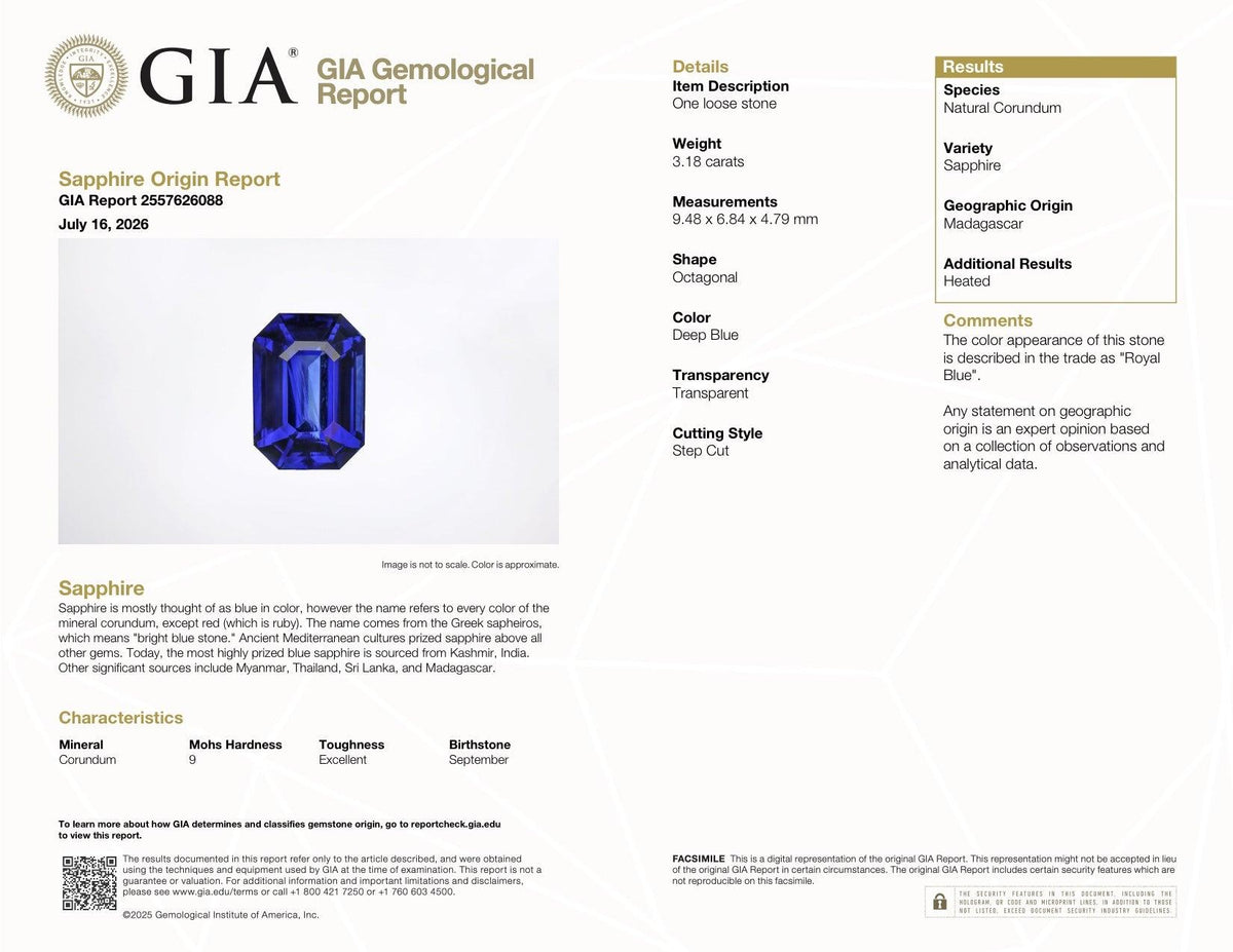 3.18 ct Deep Blue - Royal Blue Sapphire GIA Certified Heated Emerald Cut Gem
