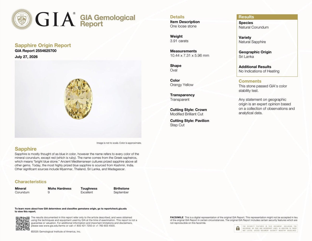 3.91 ct Champagne Yellow Sapphire GIA Certified Unheated Oval Cut Gemstone