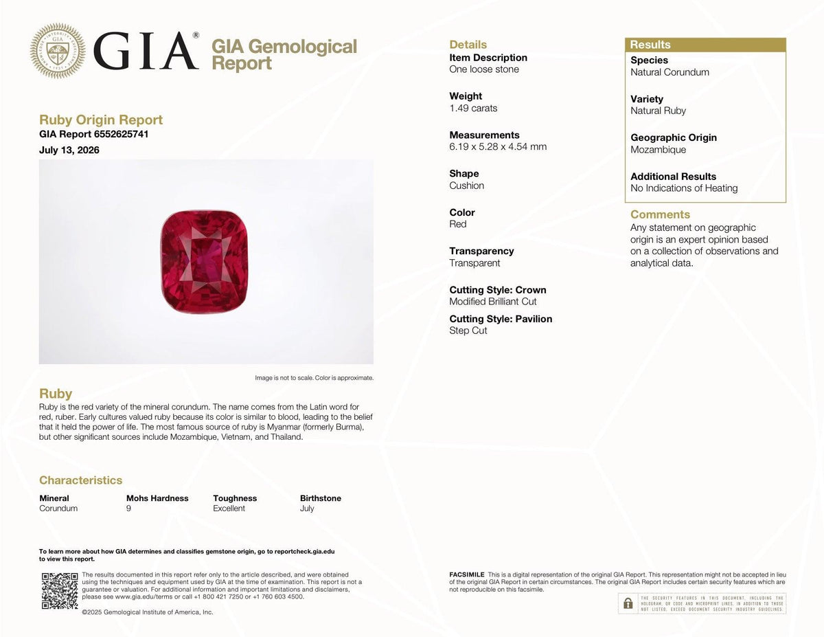 1.49 ct Red Ruby GIA Certified Unheated Cushion Cut Gemstone