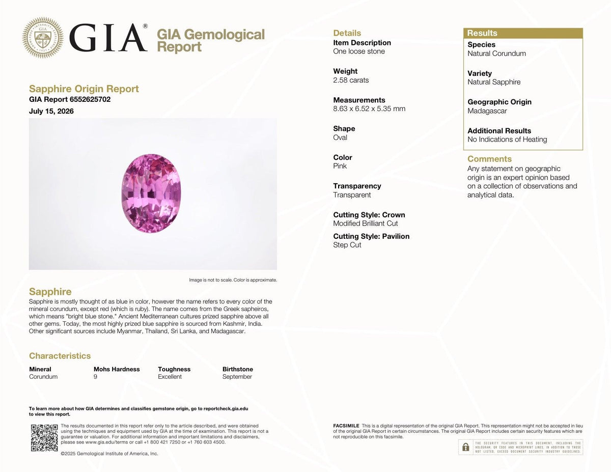 2.58 ct Vivid Pink Sapphire GIA Certified Unheated Oval Cut Gemstone