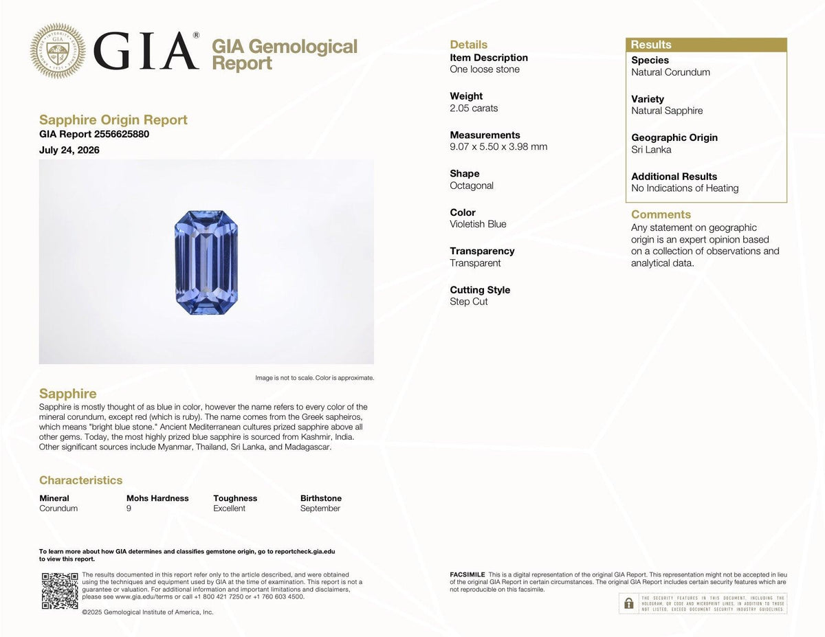 2.05 ct Cornflower Blue Sapphire GIA Certified Unheated Emerald Cut Gemstone