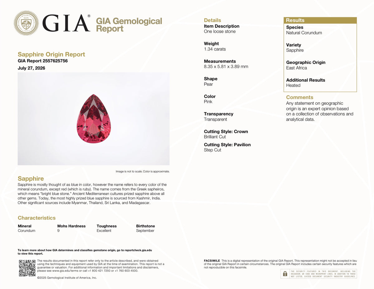 1.34 ct Intense Pink Sapphire GIA Certified Heated Pear Cut Gem
