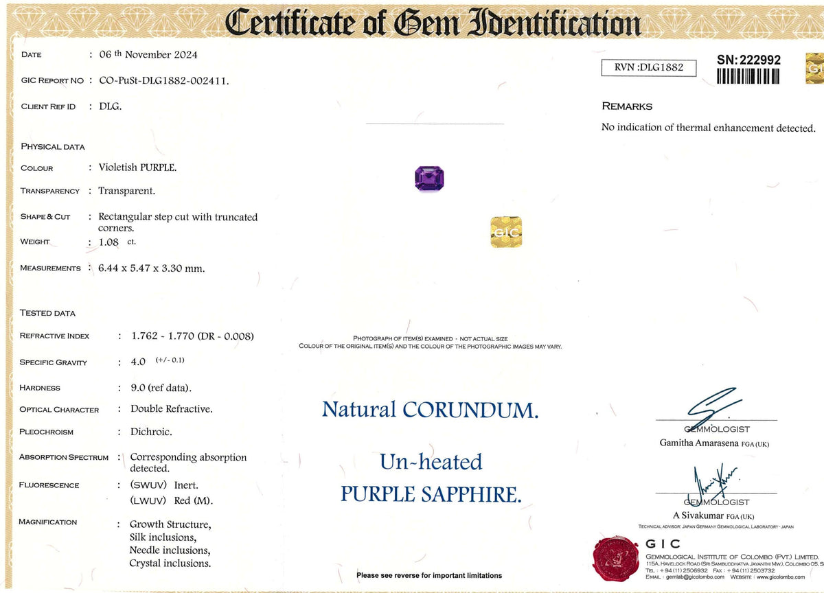 certificate of emerald shape purple sapphire