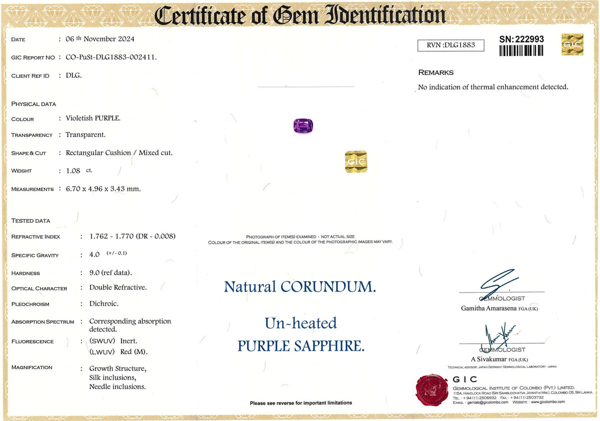 Certificate Cushion Purple Sapphire from Madagascar