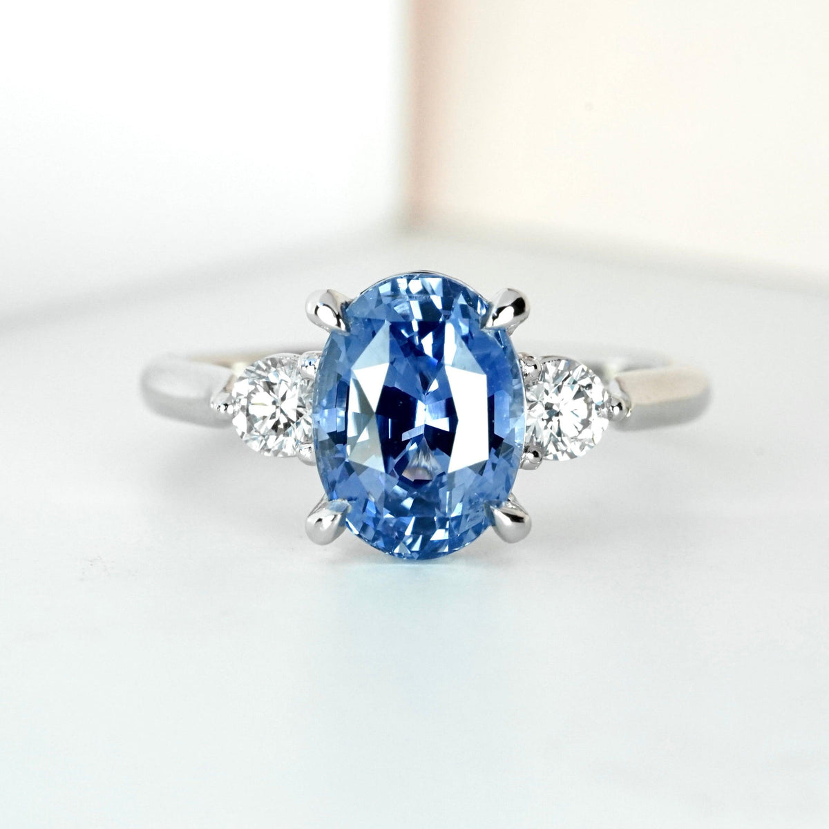 Ceylon Blue Sapphire Diamond Platinum Trilogy Engagement Ring