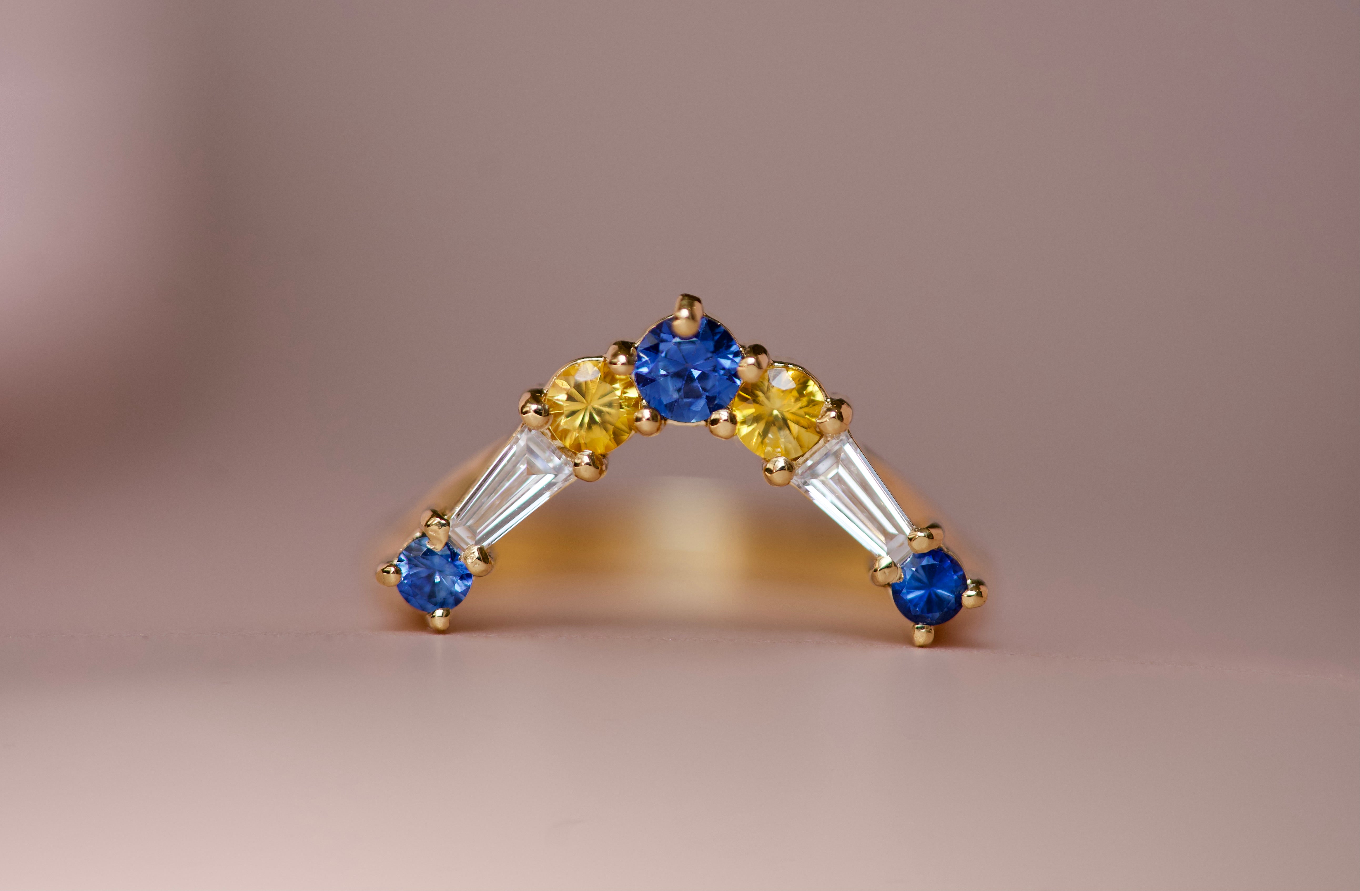 Blue and yellow sapphire diamond wedding band, front