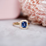 Denim Blue Sapphire Diamond Halo Yellow Gold Ring