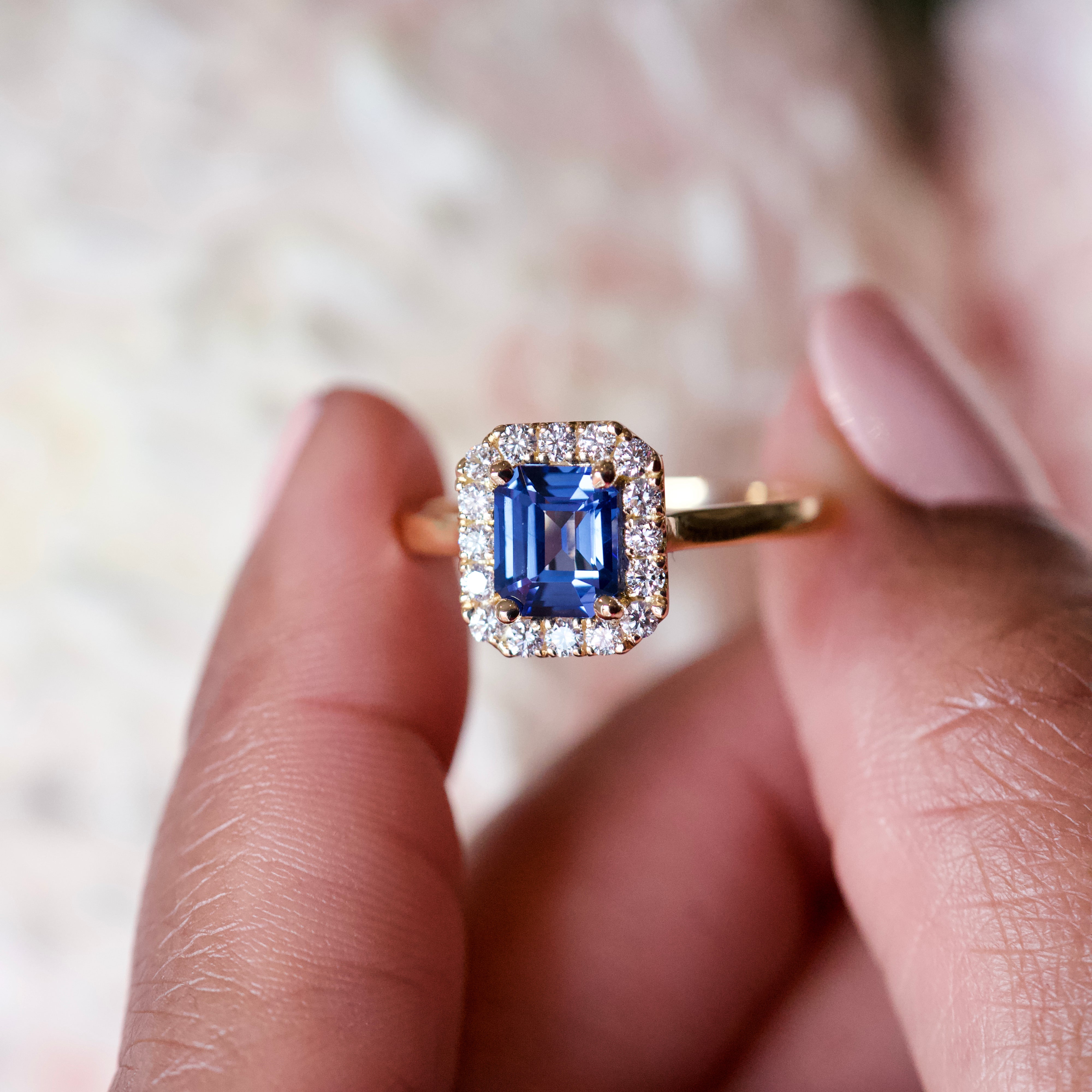 Denim Blue Sapphire Diamond Halo Yellow Gold Ring