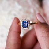 Denim Blue Sapphire Diamond Halo Yellow Gold Ring