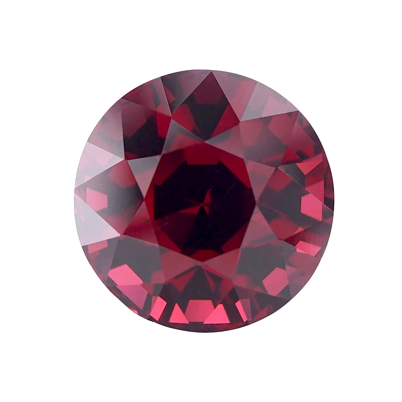 Faceted round mixed-cut pinkish red rhodolite garnet, face-up view.