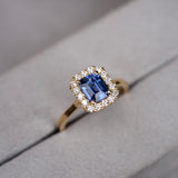 Denim Blue Sapphire Diamond Halo Yellow Gold Ring