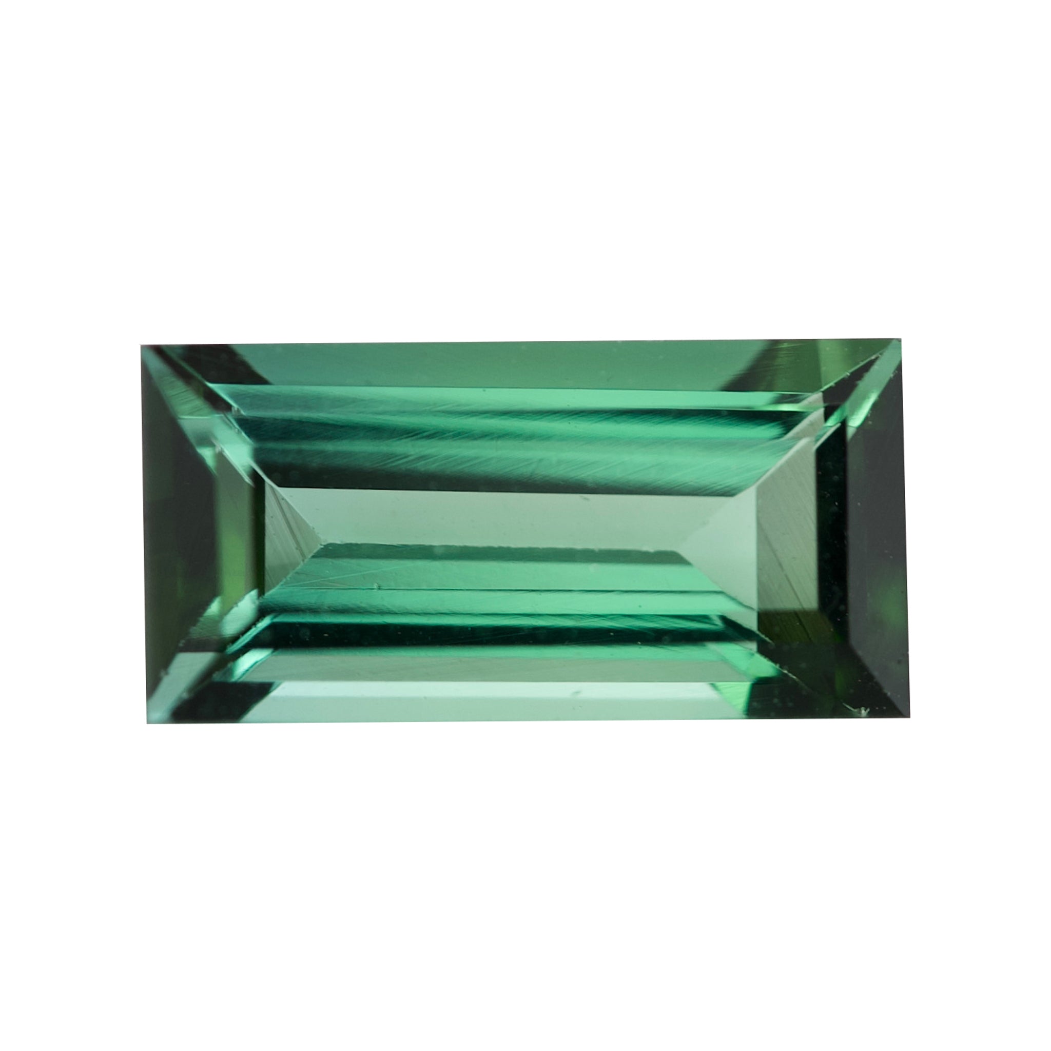 Clean face-up shot of an emerald-cut green tourmaline crystal.