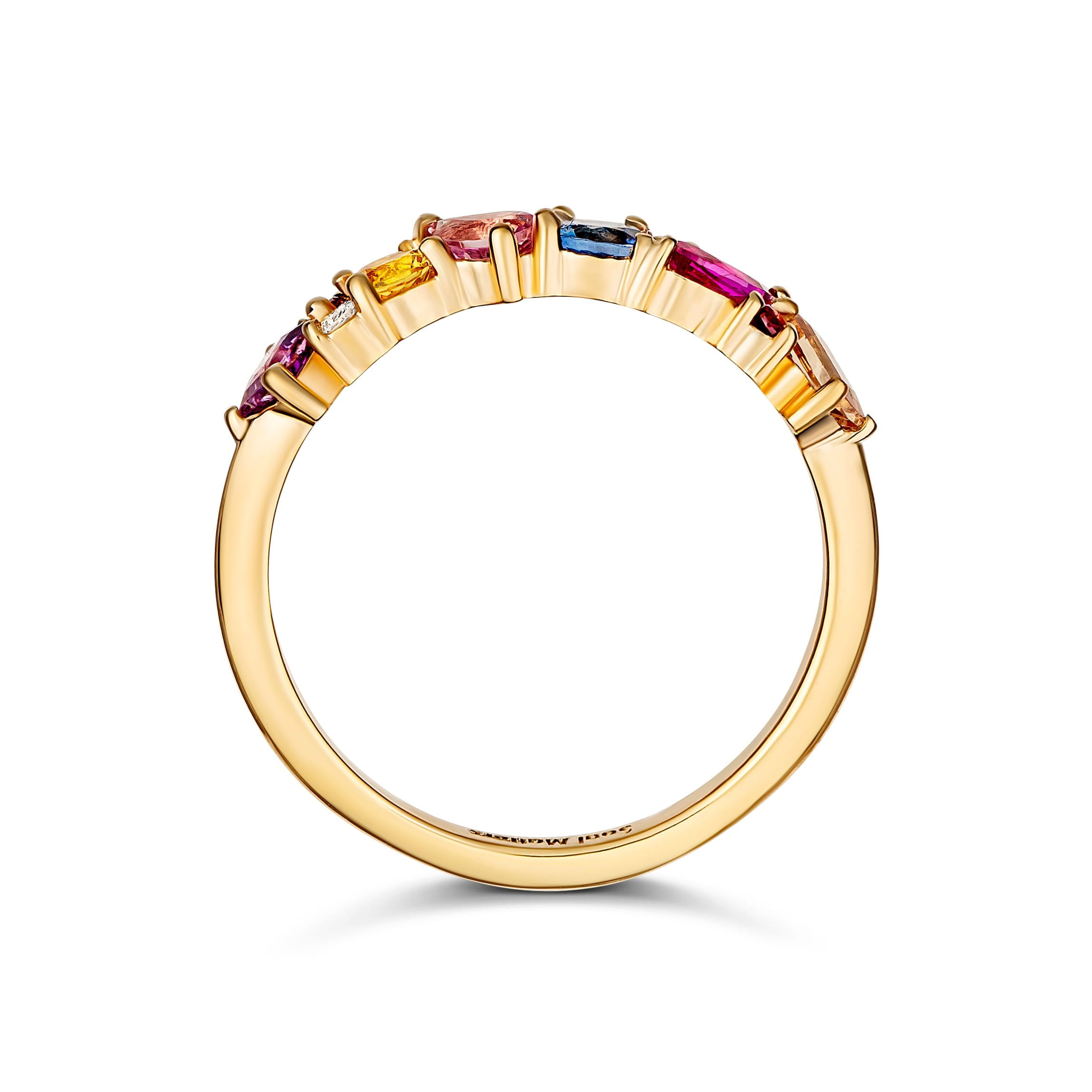 Side view profile of a multi-colour sapphire and diamond claw-set eternity band in yellow gold
