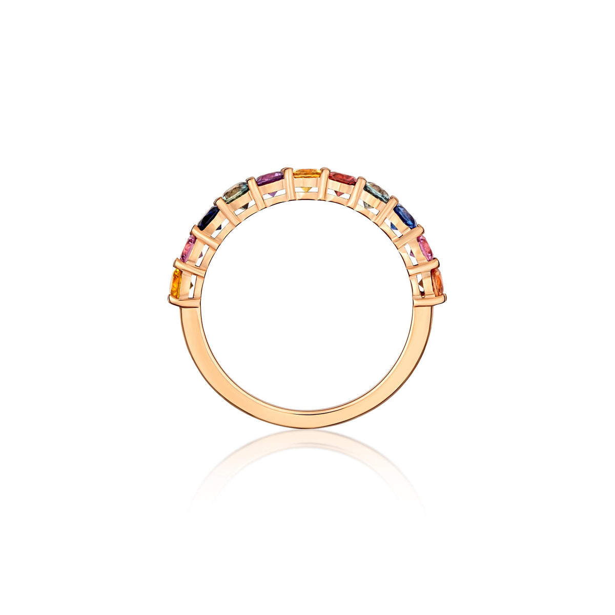 Rainbow sapphire band in rose gold, side view