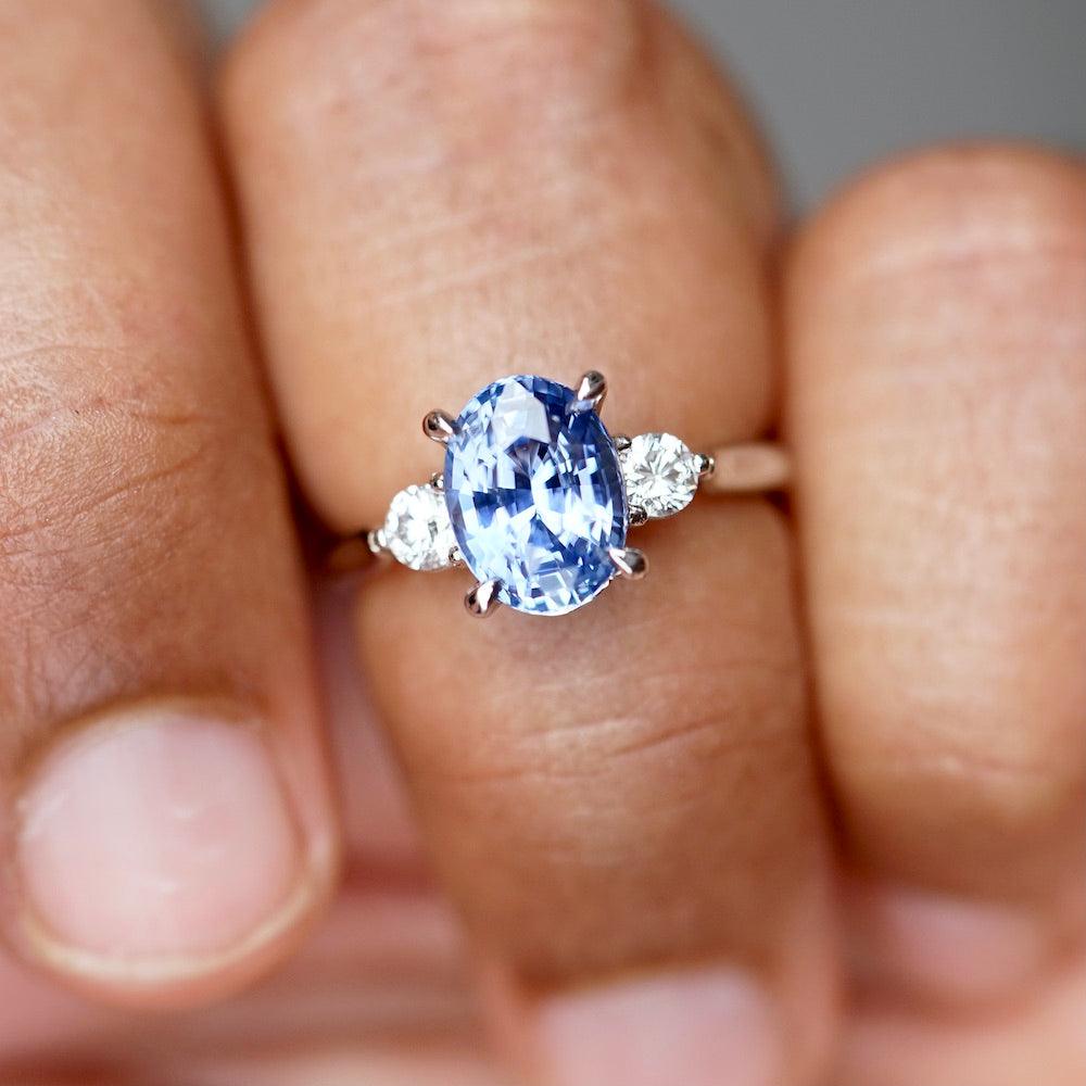 Ceylon Blue Sapphire Diamond Platinum Trilogy Engagement Ring