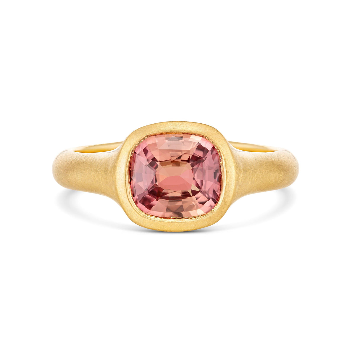 Padparadscha Sapphire Solitaire Signet Ring Brushed Satin Yellow Gold