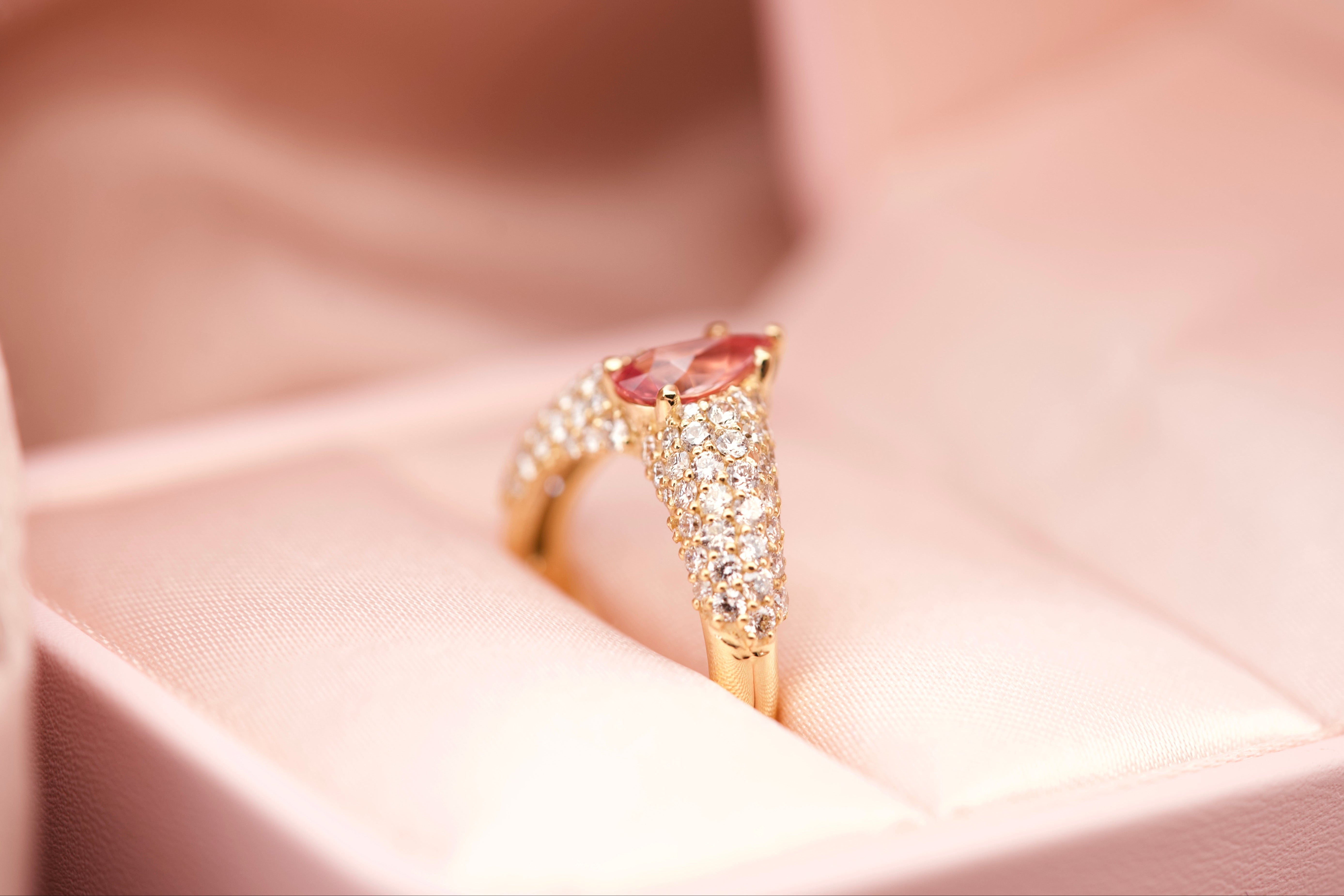 Padparadscha sapphire engagement ring in box