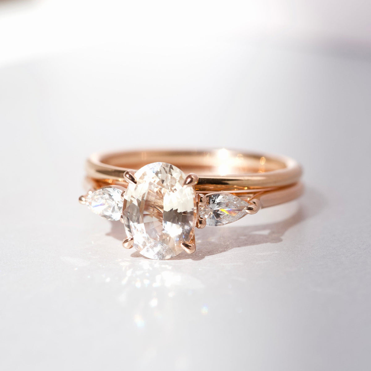Peach Sapphire Diamond Trilogy Ring Rose Gold