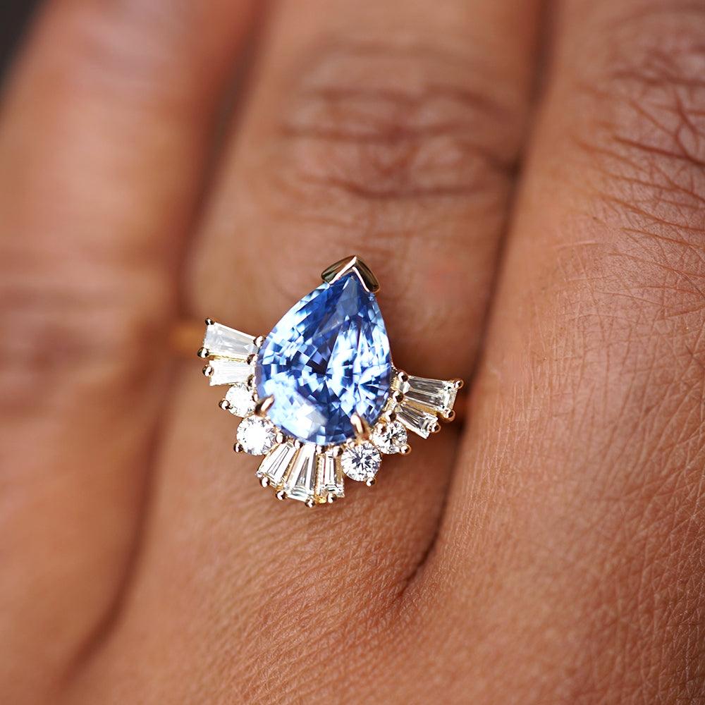 Blue Sapphire Diamond Cluster Half Halo Engagement Ring