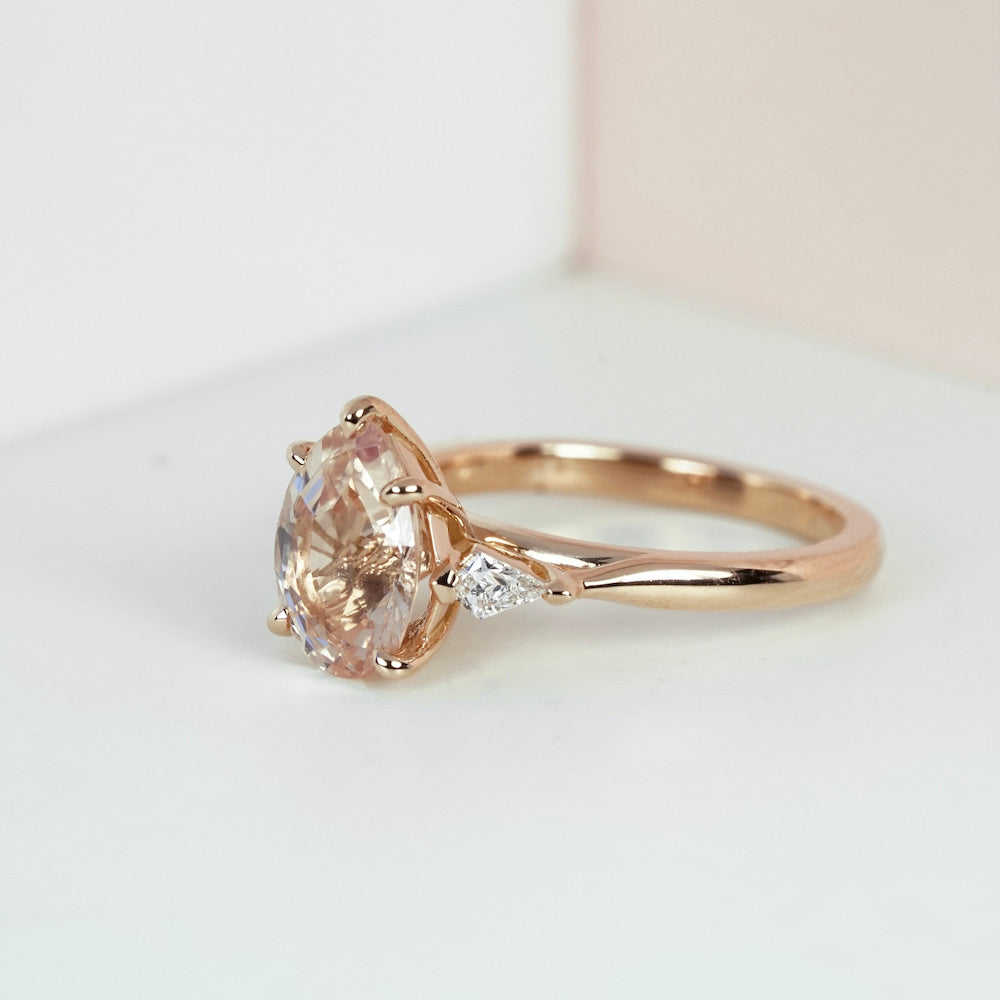 Peach Pear Sapphire Kite Diamond Trilogy Ring Rose Gold