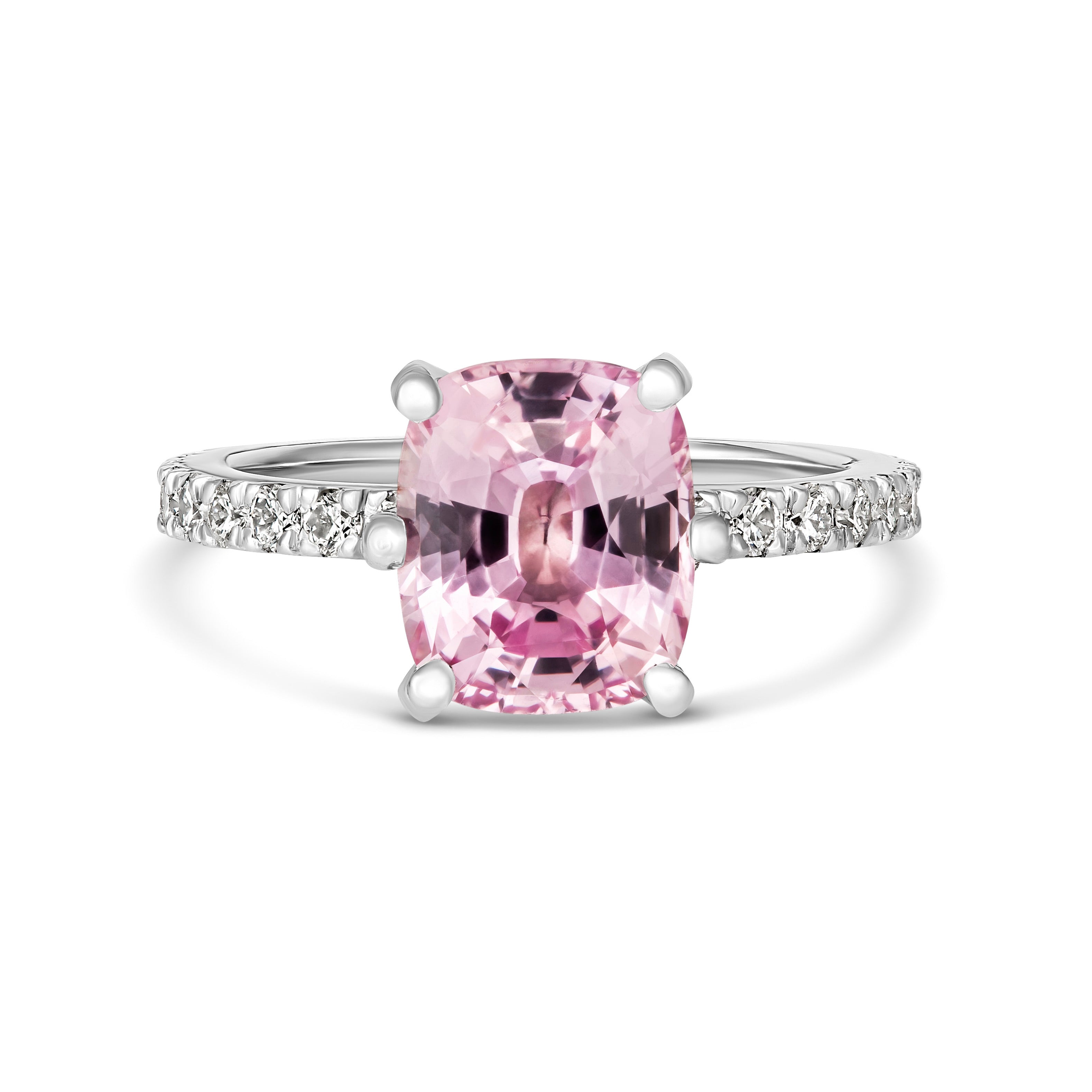 Pink sapphire cushion cut with diamond halo, front