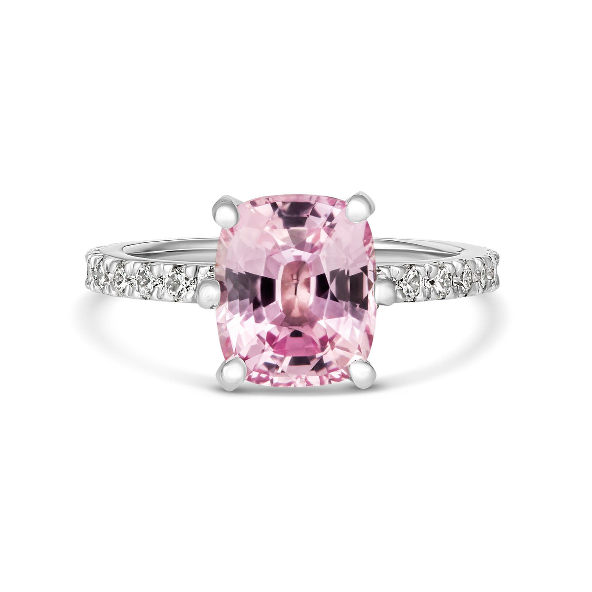Pink sapphire cushion cut with diamond halo, front