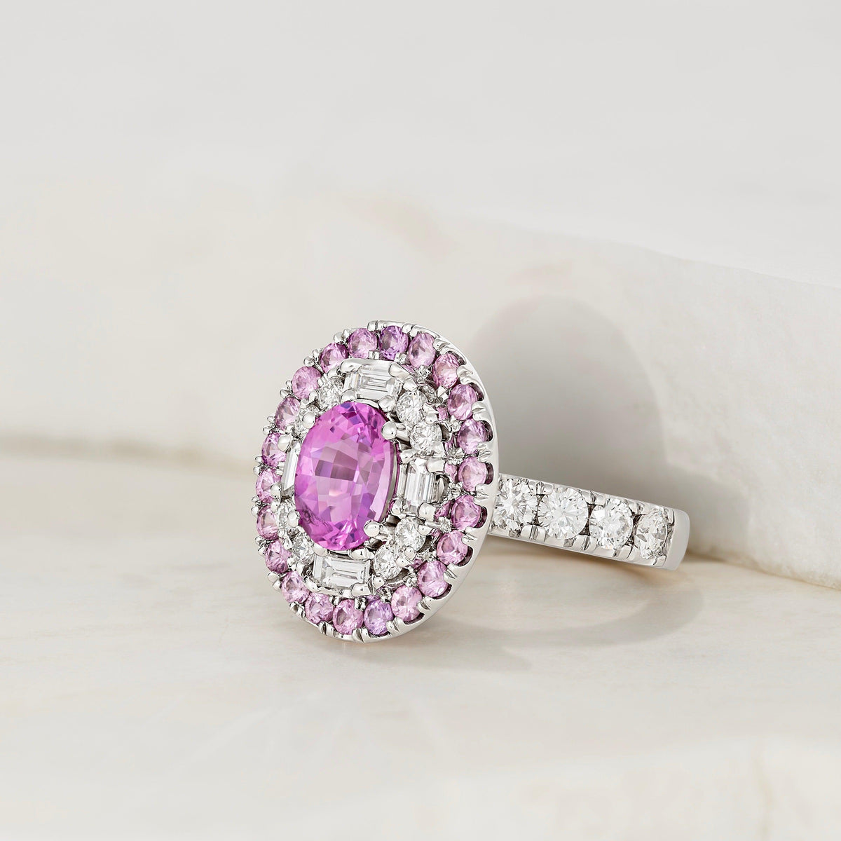 Pink Sapphire Diamond Double Halo Dress Ring